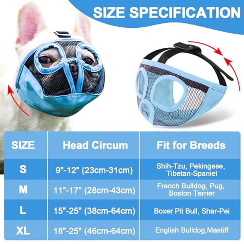Image of Short Snout Dog Muzzles- Adjustable Breathable Mesh Bulldog Muzzle for Biting Chewing Training Grooming Dog Mask,Blue M