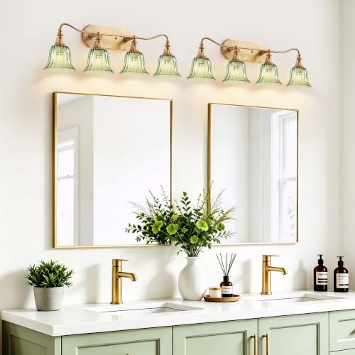 Image of LmnLvn Vintage Gold Bathroom Vanity Light, 4-Light Green Crystal Glass Shade