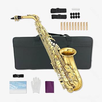 Vetimobato Alto Saxophone Gold Lacquer E Flat Saxophone Eb Beginner Full Kit with Hard Case, Cleaning Cloth, Mouthpiece, Reeds, Pads