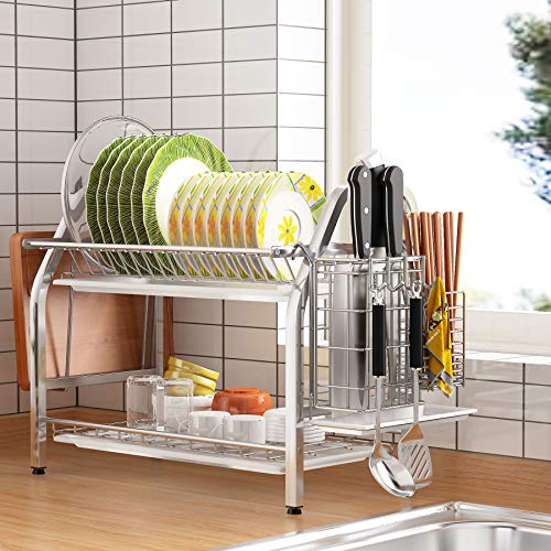 1Easylife Dish Drying Rack, 2 Tier Dish Rack Stainless Steel With Utensil Knife Holder And Cutting Board Holder Dish Drainer With Removable Drain Board For Kitchen Counter Organizer Storage (Silver) #TOP2