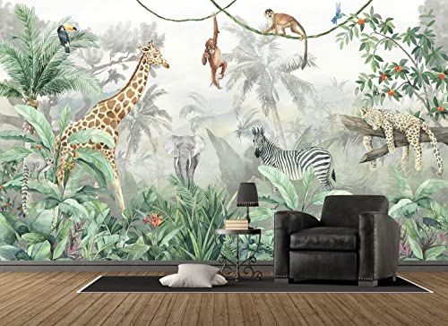 Reyhui Kids Wallpaper Tropical Leves And Safari Animals Wall Mural For Wall Bedroom Living Room Tv Background Sofa Wall (Not Self-Adhesive) #TOP3