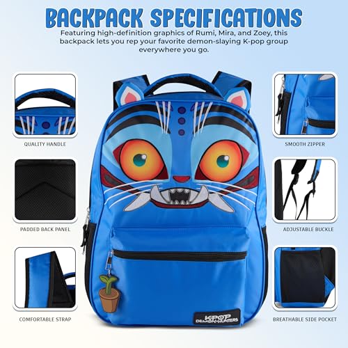 Image of AI ACCESSORY INNOVATIONS K-Pop Demon Hunters 16 inch Backpack for Girls, Featuring a Big Face Derby with 3D Ears and Embroidery, Rubber Molded Bag Charm, Derby
