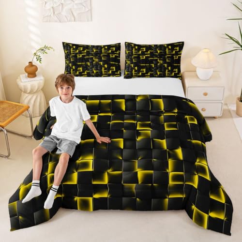 Image of Erosebridal Geometric Checkered Comforter King Size Neon Black Gold Comforter Set for Kids Teen Men Gaming Room Decor,Abstract Ombre Plaid Bedding Set Grids Quilt Duvet