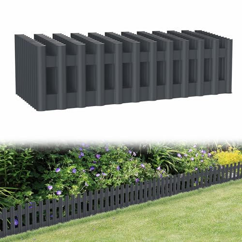 Aufun Rasenkante Beeteinfassung 43 x 12 cm, 6 Stück Gartenzaun Flexibler Kunststoff Holzoptik Gartendeko Gartenpalisade für Beetumrandung, Natural rasenkantenband Gartenzaun für Garten, Anthrazit