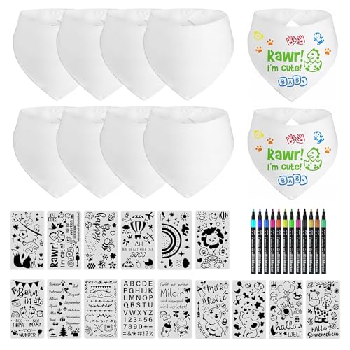 10 Stück Baby Lätzchen zum Bemalen, Babylätzchen Baumwolle, Lätzchen Weiß Lätzchen mit 12 Farbigem Farbigem Textilstiften und 15 Malen Schablonen Baby Shower Spiele für Babys Junge Mädchen Babyshower