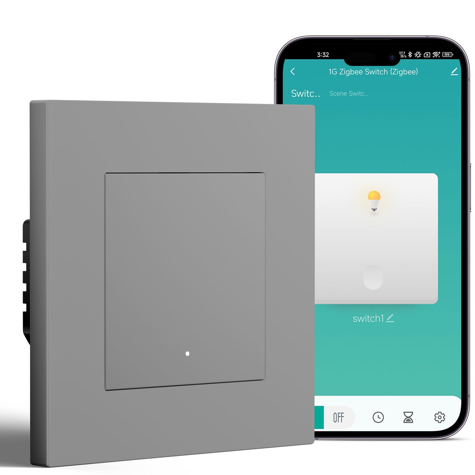 BSEED Smart Zigbee Schalter mit Steckklemme, Smart Lichtschalter Funktioniert mit Alexa & Google Home, Timing-Funktion, PC Rahmen, Zigbee Hub & Neutralleiter Erforderlich, 1 Fach 1 Weg, Grau