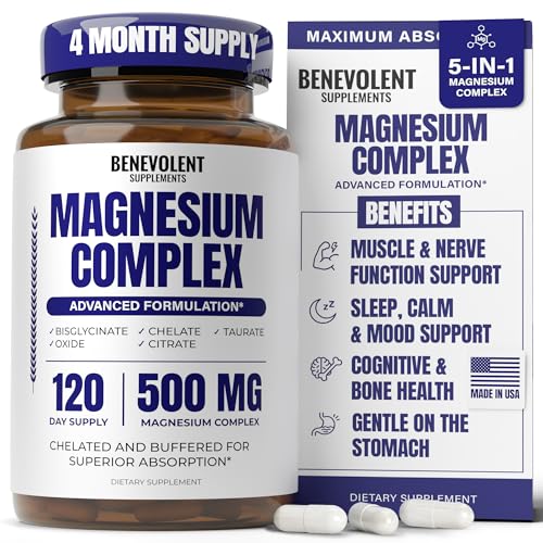 Magnesium Complex Supplement, 4 Month Supply of 500mg 5-in-1 Bisglycinate, Oxide, Taurate, Aspartate, Citrate, Max Absorption Magnesium Supplement for Calm, Sleep & Leg Cramps, 120 Capsule