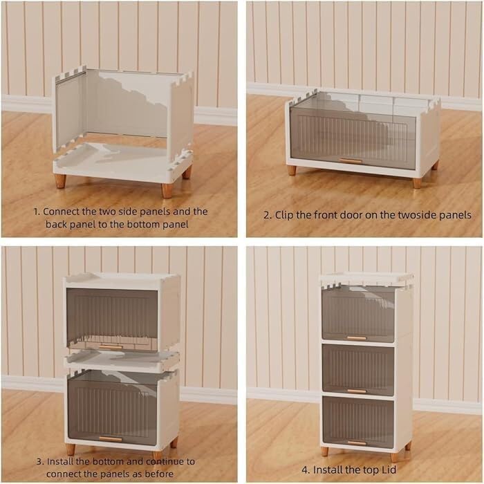 Image of BAMEOS ๐ ๐๐๐๐๐ Foldable Plastic Storage Cabinet with Transparent Flip Doors | Multipurpose Clothes Organizer Almirah Wardrobe for Clothes, Kitchen Cupboard | Plastic Storage Box - Beige
