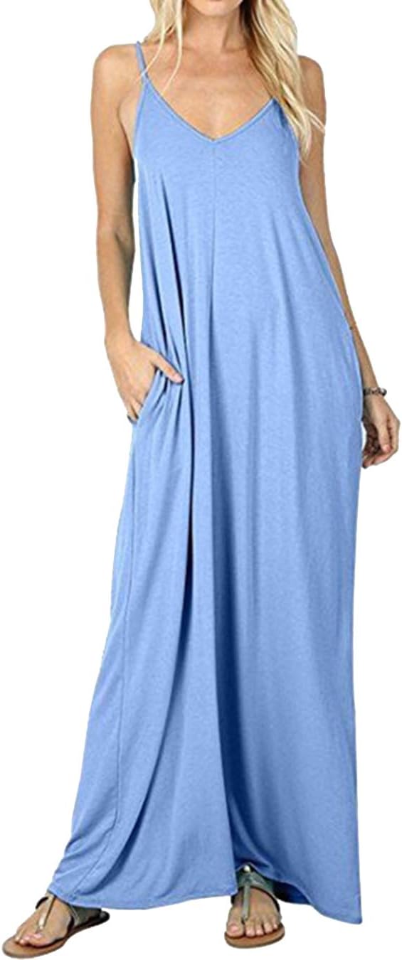 EFOFEIWomen Casual Loose Dress Sleeveless Suspender Strappy Dress Maxi Beach Dress Tunic Long Dress with Pockets