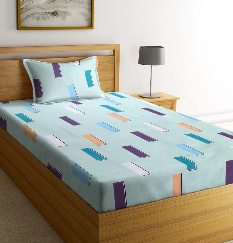 Image of NHD HOME Premium Glace Cotton 180 TC Flat Single Bedsheets for Summer Breathable | Wrinklefree (Size-60 X 90 Inch) with 1 Pillow Covers (Size-17 X 27 Inches, Printed, Pastel Blue)