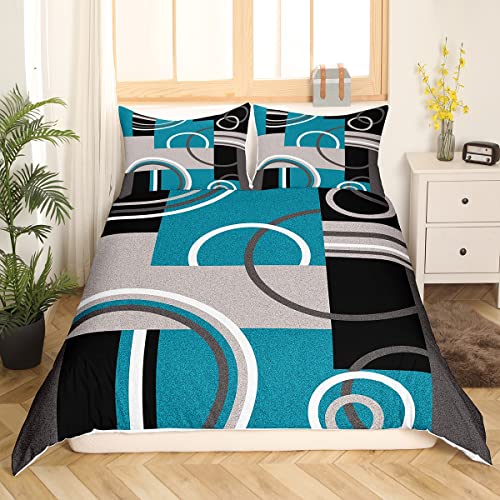 Erosebridal OYLS02208HJFQUEEN Modern Turquoise Decor Duvet Cover Gray Black Blue Stripe Geometric Bedding Set Queen Size Retro Circle Swirls Comforter Cover Modern Abstract Texture Color Art Quilt Cover cover