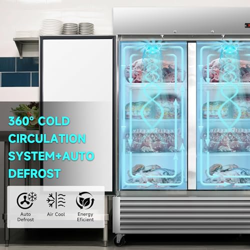 Image of 54 inch W Commercial Upright Freezer with Double-Door: 49 Cubic Feet Storage, Adjustable Shelving, Automatic Defrosting, Precision Digital Thermostat, LED Lights, Safety Locks