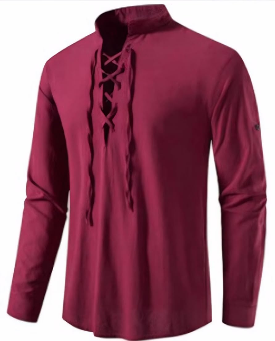 PADOLAMen's Vintage Shirt Lace Up Medieval Shirt Cotton Linen Classic Costume Tops Henley Collar Grandad Shirt