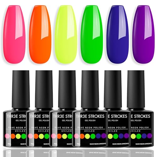 Image of THR3E STROKES Gel Nail Polish Set - 6 Colors Gel Polish Glitter Gel Polish Sparkle Nail Polish Gel Manicure DIY Salon Nail Art Gifts (RAVE NEON (RN5347), 7.5ML)