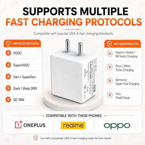 Image of 80W SUPERVOOC Fast Charger with Type-C Cable | 80W USB Charger for OnePlus, Realme, Oppo, | Supports Dart, Dash, Warp, Vooc, SuperVooc, QC 3.0 Charge