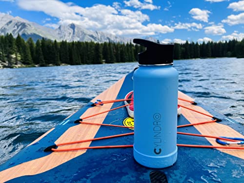 Cylindro Water Bottle, Triple-Layer Stainless Steel - 3 Lids, Vacuum Double Walled Copper Lined, Bpa Free, W/Silicone Boot, Hot & Cold - 32 Oz, Clear Sky Blue #TOP5