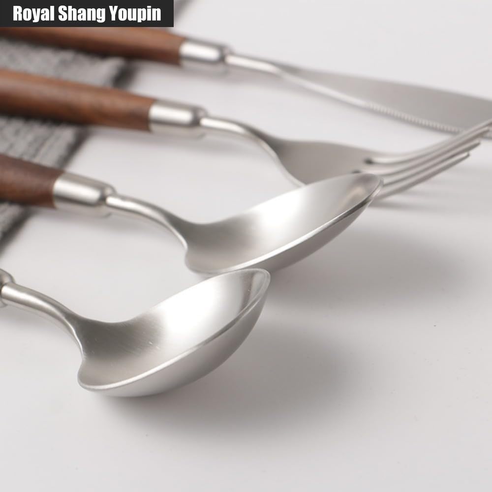 Manico in Noce Massello Cucina Acciaio Inossidabile Posate Stoviglie Posate Coltelli Forchette Cucchiai Set, Coltello Da Bistecca E Forchetta Per Hotel (Punta Cucchiaio 12 pezzi)