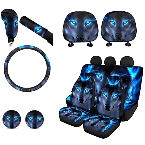 KEIAHUAN 11-Piece Car Accessories Set - Seat, Steering Wheel, Coasters, Gear Shift Knob, Handbrake Cover, Headrest, Galaxy Wolf