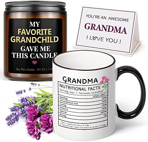 Tuobsm Mothers Day Gifts for Grandma -Funny Grandma Nutritional Facts Coffee Mug and Candle - Grandma Birthday Gifts, Best Grandma Gifts, Gifts for Grandmother Nana Birthday