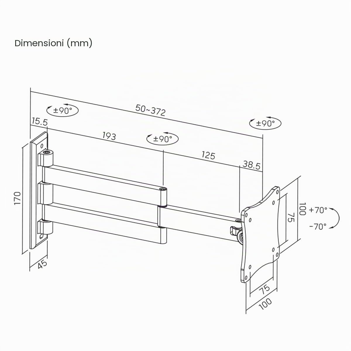 ProperAV Supporto da parete per TV da 13", 19", 22", 23", 24", 28", inclinabile 70°, VESA max 100x100, colore: Bianco