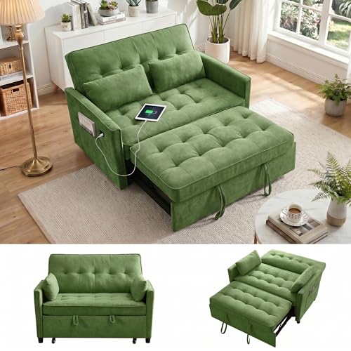 Image of Dreamzie 55'' 3 in 1 Convertible Sofa Bed with USB Charging Ports, Pull Out Couch with Adjustable Backrest and Side Pockets, Sleeper Sofa for Living Room, Apartment, RV, Easy Assembly - Green