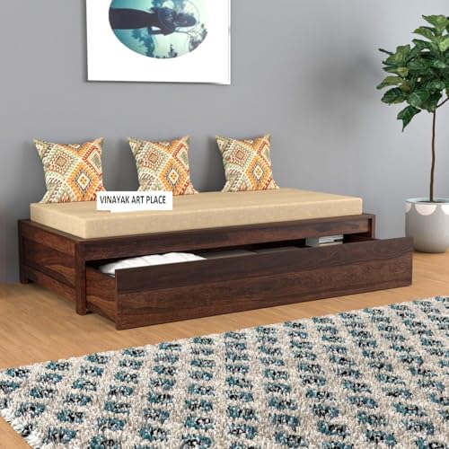 Image of Wooden Single Size Bed with Mattress for Living Room, Drawing Room & Bedroom | Space Saving Wooden Cot /Palang /Diwan with Trundle Drawer Storage | Solid Sheesham Wood | Walnut Finish