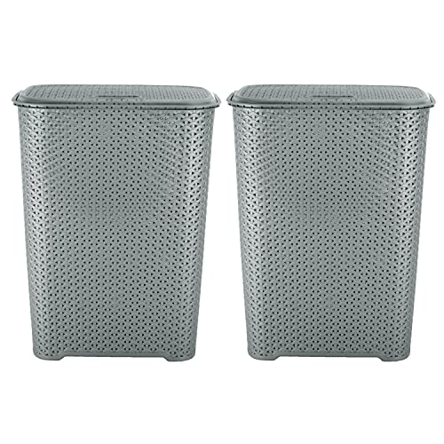 (Set of 2) 65L Litre Laundry Basket with Flip Lid Knit Design Plastic Hamper Washing Baskets Freestanding Sturdy Tall Laundry Sorter Bin Storage Basket Linen Clothes Laundry Hamper Box (Grey/Silver)