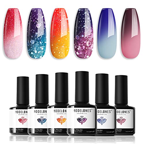 modelones Color Changing Gel Nail Polish Set, 6 Colors 2026 Red Pink Glitter Blue Purple Mood Temperature Change Nail Polish Gel Set Soak Off Nail Art Gel DIY Salon Manicure Gift
