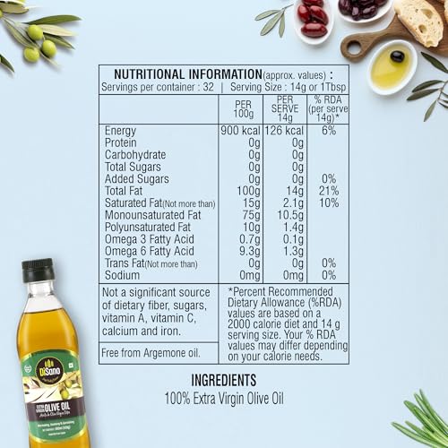 Image of DiSano Extra Virgin Olive Oil 500ml, Cold Pressed, First Extraction, Ideal for Sauteing, Grilling & Dressing (Pack of 2)