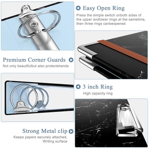 Image of 3 Ring Binder, 3 Inches Round Ring Binder with Clipboard, Dividers Tabs, PVC Zipper Bag Sleeves & to Do List Planners for Women, Men, School, Office Supplies, Black Marble