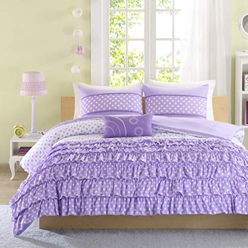 Mizone Girls 4-Piece Comforter Set - Purple. Twin Girls Comforter Sets. Twin Comforter Set For Teens. Gorgeous Purple Girls Bedding Sets. Your Girl Will Adore This Ruffled Bedding Set for Her Room. Includes Twin. (Twin/TXL)