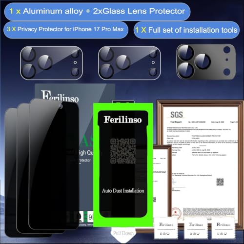 Image of Ferilinso Privacy Screen Protector for iPhone 17 Pro Max, Tempered Glass | 3 Pack, 9H Hardness, Military-Grade Shatterproof, Case Friendly, Easy Installation Bubble Free, with Camera Lens Protectors