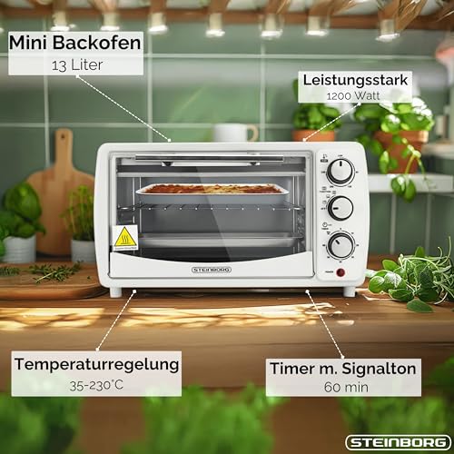 Mini Backofen 13 Liter 1200 Watt Pizzaofen 65°-230°C Timer aufklappbares Krümelblech Minibackofen Kleiner Oven – Bild 2