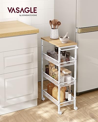 Image of VASAGLE Slim Rolling Cart, 4-Tier Storage Cart, Narrow Cart with Handle, 8.7 Inches Deep, Metal Frame, for Kitchen, Dining Room, Living Room, Home Office, Oak Beige and Classic White ULRC033W09