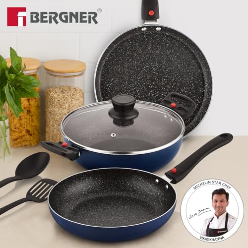 Image of Bergner Sherry Plus 5-Layer Non-Stick Coating 6 Pcs Cookware Set with Induction Bottom and Detachable Handle, 24cm /2.5L Kadai with Lid, 24cm /1.6L Frypan, 25cm Dosa Tawa, 2 Nylon Spatulas (Navy Blue)