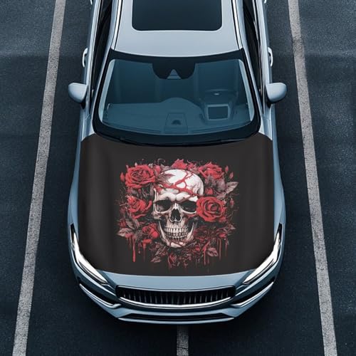 Image of Car Hood Cover, Car Hood Wrap Blanket Stretchable Waterproof Skull and Rose Automotive Outdoor Decorations for Compact SUV Sedans Trucks (59x39 Inch)