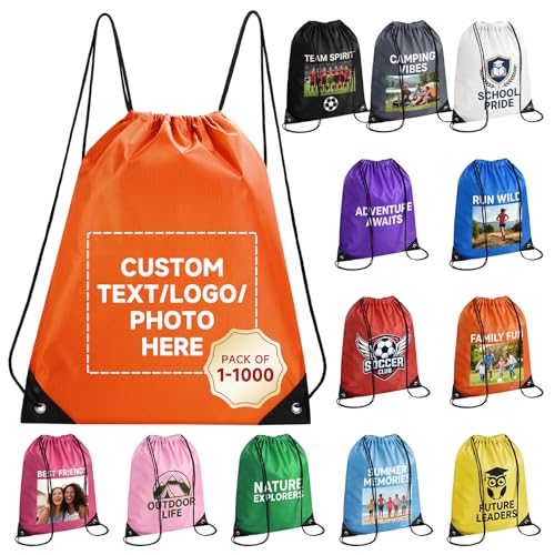 HooAMI Custom Drawstring Bag with Logo, 1000 Pack Personalized Drawstring Backpacks Cinch Bags Bulk for Everyday Use, Sports, Small Gym Bag