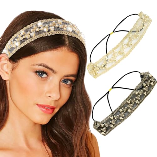 El Mejor Listado de Adornos con cuentas de esta semana. 38 Bafuny Diademas Elásticas de Encaje para Mujer, con Cuentas Y Adornos, 2 Unidades.