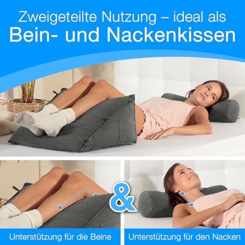 ELONEO Rückenkissen Bett/Sofa mit Abnehmbarer Nackenrolle und Seitentasche, Rückenstützkissen mit Nackenkissen, Bezug waschbar, Lesekissen, Bücherkissen, Rückenlehne