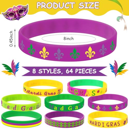 Image of JUNEBRUSHS 64Pcs Mardi Gras Silicone Rubber Wristbands Bracelets for Mardi Gras Carnival Party Supplies Decorations Goodie Bag Stuff Fillers Accessories (8 Designs)