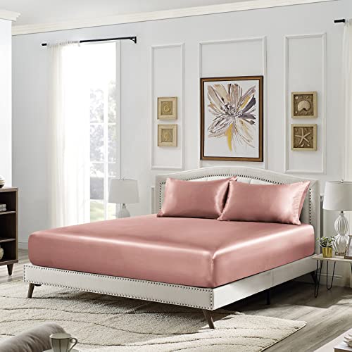 Image of SiinvdaBZX 3-Piece Set Satin Twin Fitted Sheet & 2 Pillowcase, Champagne Silky Soft Fitted Bottom Sheet, Wrinkle Free, Fade Resistant, Deep Pocket Bed Sheet (Deep Up to 15 inch)