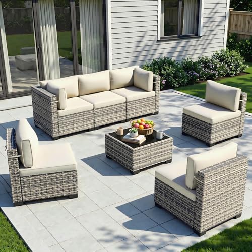 Image of Outdoor PE Wicker Rattan Modular Patio Sectional Sofa Set | 7-Piece: 6 Modular Seats & Coffee Table with Thick Cushions, Ivory