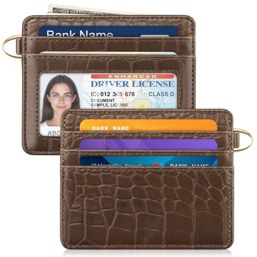 Image of Slim Credit Card Holder Crocodile Wallet Women Thin Wallets | Alligator Print RFID Blocking Minimalist Lightweight Pocket Small Cute Cards Holders ID Window, Coffee Croc