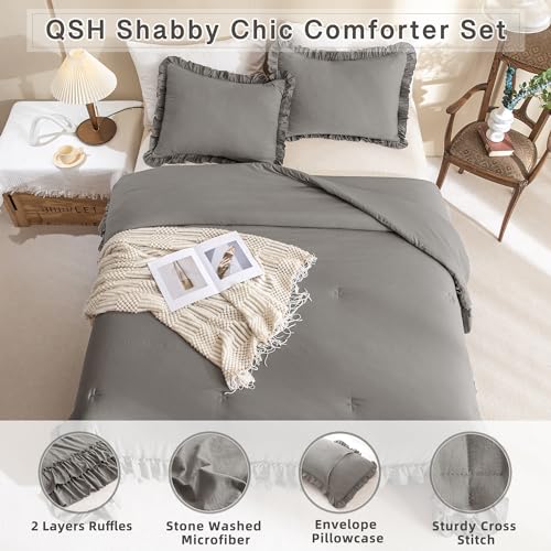 Image of QSH Shabby Grey Ruffled Chic Comforter Queen Size, Farmhouse Boho Bedding Comforter Sets, 3 Pieces All Season Microfiber Inner Fill Bedding, Ultra Soft Lightweight Comforter Queen for Bed