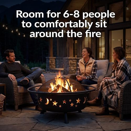 Image of Sunnydaze Cosmic 42-Inch Large Outdoor Fire Pit - Wood-Burning Firepit for Outside Patio, Backyard, Deck - Steel - Wood Grate, Spark Screen, and Fireplace Poker Included - Black - 31 inch Bowl Diameter