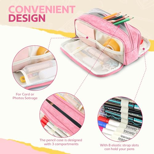 Image of Large Capacity Pencil Case Pencil Pouch Pen Bag with 3 Compartment Stationery Organizer with Zipper, School Supplies Organizer for Teen Adults (Pink)