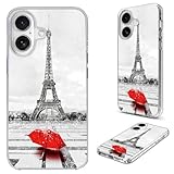 AKORAVO for iPhone 16 Case for Women Girl Men, Full Protective Shockproof Soft TPU Clear Slim Phone Cover Cases with Design for iPhone 16 6.1,Romantic France Paris Eiffel Tower Red Umbrella