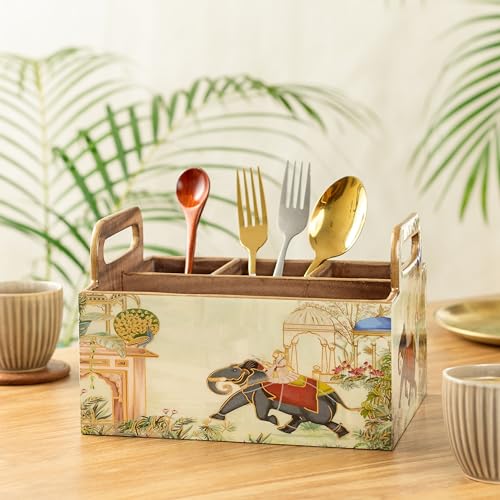 Image of Wooden Cutlery Holder with Gold Engraving | Pack of 1 | Size : 9 x 7 x 5.5 inch | Enamel Coated Waterproof | Cutlery Holder for Dining Table | (Royal Elephant)