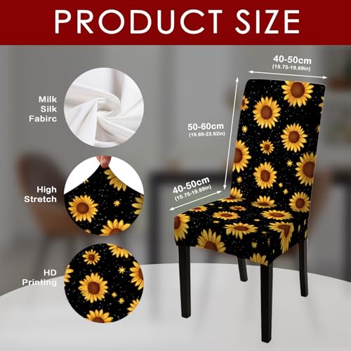 Image of Nuxovilar 4PCS Sunflower Black Background Stretch Chair Covers | Stretch Slipcover Furniture Protector Floral Wrap Seat Guard Dining Room Patio Kitchen Party (Sunflower Pattern)