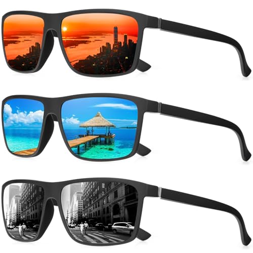 QALLY Polarized Sunglasses for Men Rectangular Frame Men's Polarized Sunglasses Sports Sun glasses with UV400 Protection, Black/Red/Light Blue